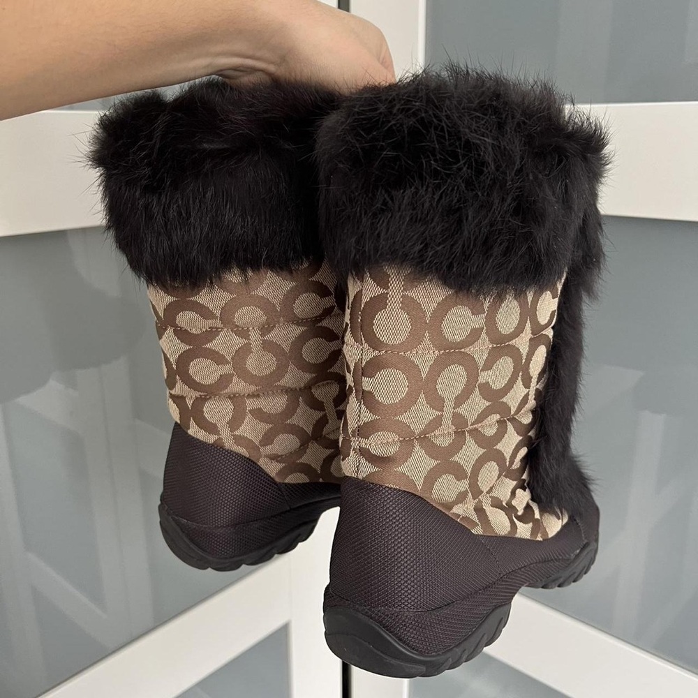 Coach Monogram Ankle Winter Boots with Black Faux Fur Cuff